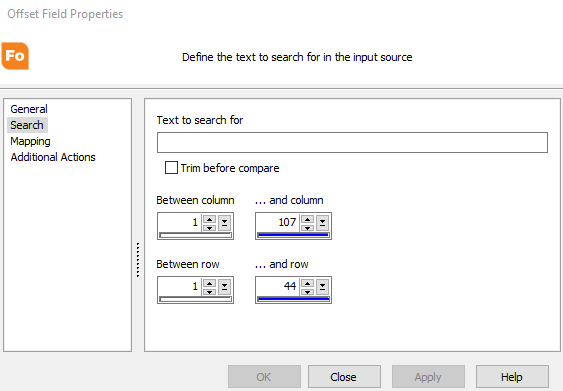 Offset field properties dialog. Search is selected from the tree on the left. On the right, set the text to search for, check the box to trim before compare, set the search to be between specific columns and rows.